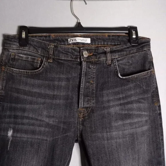 ZARA Women's Button Fly Skinny Leg Distressed Dark Gray Wash Denim Jeans… - Picture 4 of 8